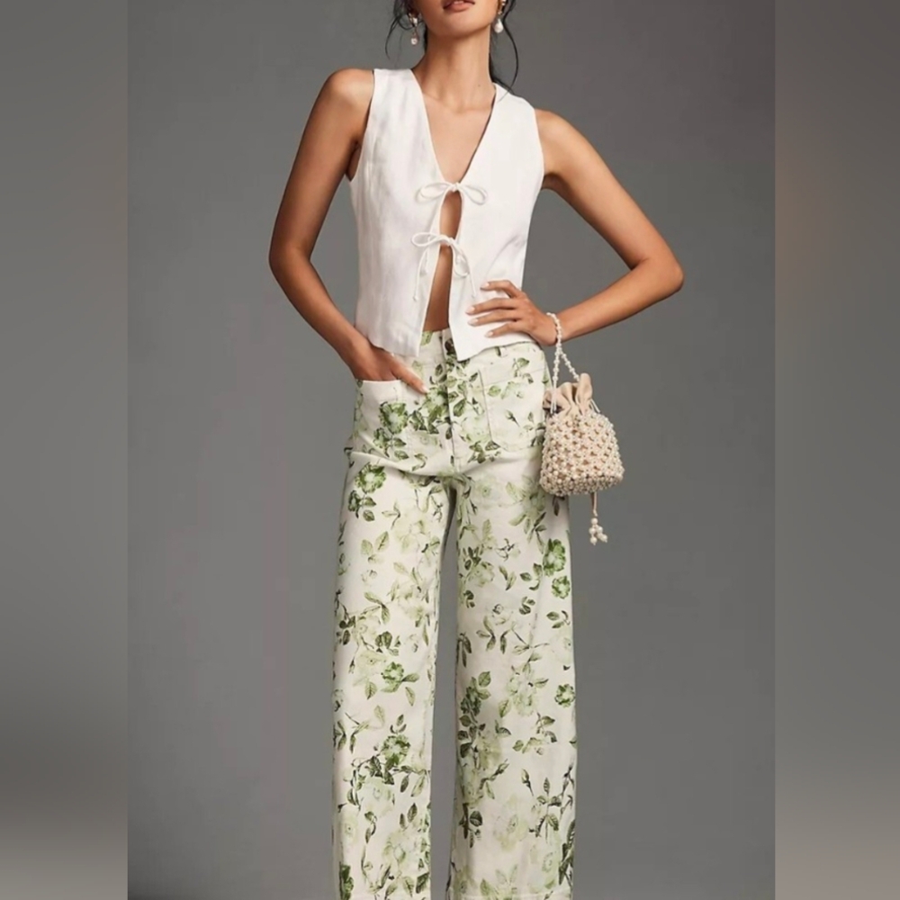 Maeve White and Green Floral Wide Leg Pants